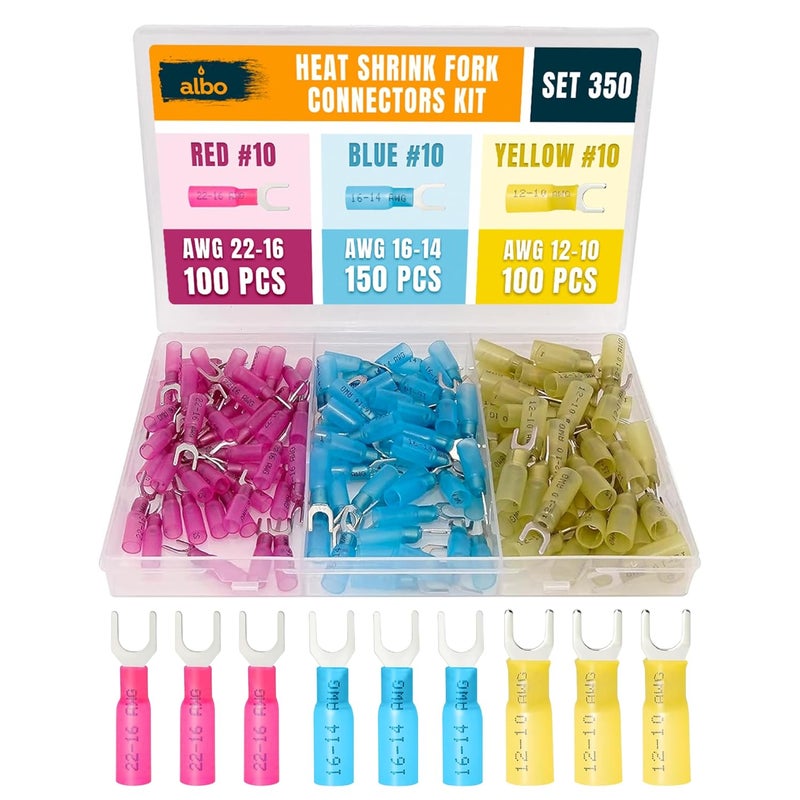 ALBO 350PCS Heat Shrink Fork Spade Connectors Kit #10 – 22-10 AWG Tinned Copper Terminals, Waterproof Wire Terminal Connector Assortment for Automotive, Marine, Speaker & Electrical Wiring - Image 1